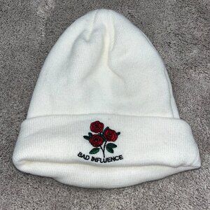 White Beanie ¨Bad Influence¨ with Red Roses